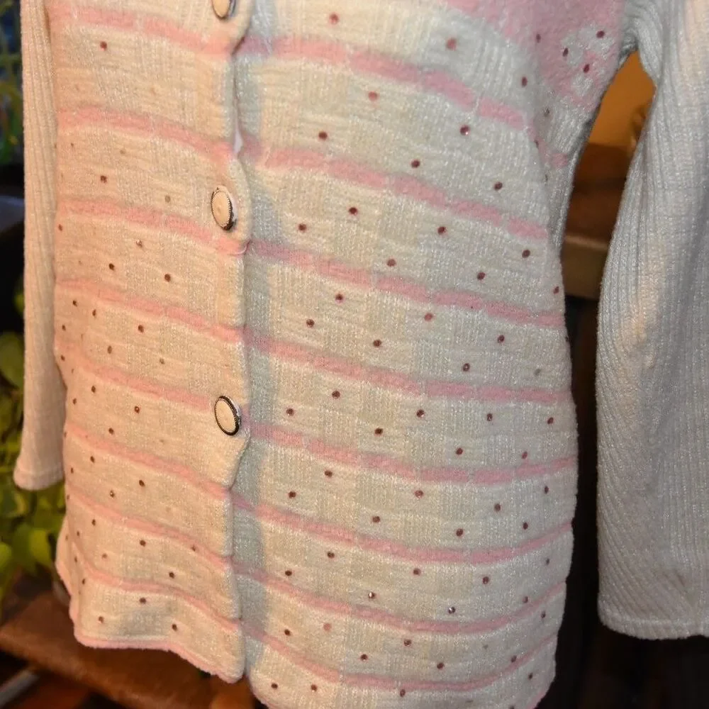 Vintage 1970s Kanchan Cardigan Sweater Beaded Front Pink Cream Size Small